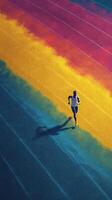 Runner in vibrant colored track demonstrating speed and motion during bright daylight photo
