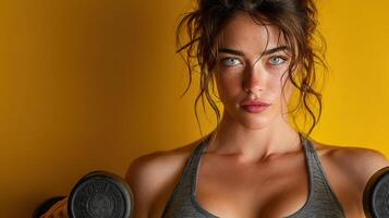 Fitness enthusiast demonstrates strength training in gym with yellow backdrop during afternoon workout session photo