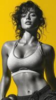 Fitness model poses dramatically under bright yellow backdrop while glistening with water droplets after intense workout session photo
