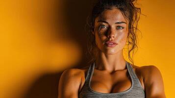 Fitness model posing confidently in front of a bright yellow wall during a photo shoot in a gym setting