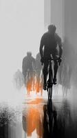Cyclists racing through misty streets during early morning hours with reflections on wet pavement photo