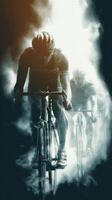 Cyclists racing through a foggy environment in an intense mountain challenge during late afternoon photo