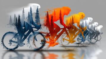 Cyclists in motion with vibrant colors and artistic effects against a gradient background photo
