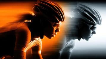 Cyclist in motion showcasing determination and speed during a high-energy race at dusk near a vibrant urban backdrop photo