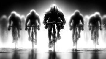 Competitive cyclists racing in a blurred motion effect during a dynamic and intense sprint event photo