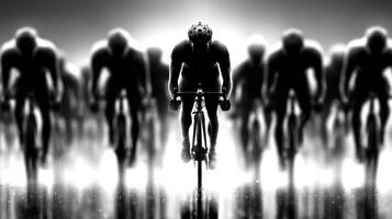 Cyclists competing in a dynamic race under bright lights on a slick surface in a dramatic black and white setting photo