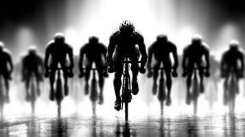 Cyclists race through a rainy course creating a dramatic contrast in black and white at dusk photo