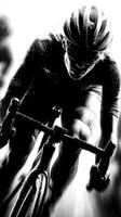 Competitive cyclist racing in heavy rain during an intense cycling event on a challenging course in early morning light photo