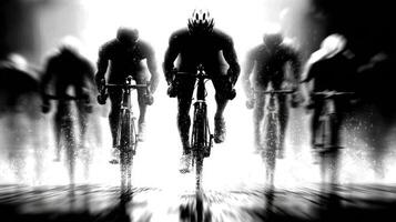 Competitive cyclists racing through heavy rain during an intense event in an urban setting at twilight photo