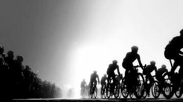 Cyclists competing in a race under a dramatic foggy atmosphere with enthusiastic spectators on the roadside photo