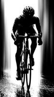 Cyclist racing through a narrow alley illuminated by stark light in an urban setting at dusk photo