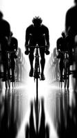 Cyclists in silhouette racing through a misty backdrop at dawn, creating a dramatic and intense atmosphere photo