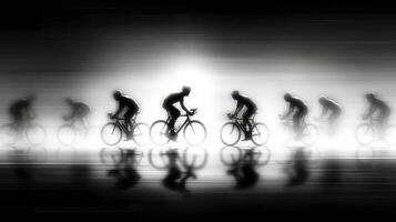 Cyclists racing through foggy conditions during a competitive event at sunset near the coast photo