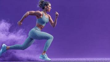 Runner in activewear sprints against a vibrant purple background during an energetic workout session photo