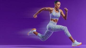 Runner displays agility and strength in vibrant workout gear during a dynamic sprint against a purple backdrop photo