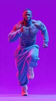 Athlete sprinting with determination against a vibrant purple background showcasing strength and focus in a dynamic workout session photo