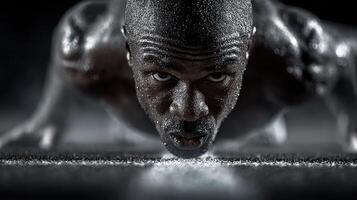 Person performing intense push-up workout indoors, showcasing determination and focus while sweating photo