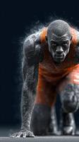 Athlete preparing for a sprint on the track in a dynamic pose showcasing determination and focus during early morning practice photo