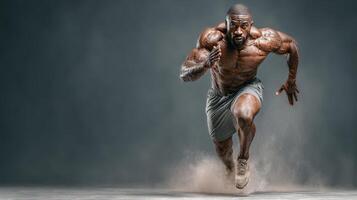 Strong athlete sprints with determination across sandy surface in a dimly lit gym during training session photo