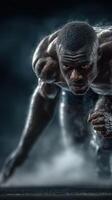 Athlete sprinting with determination in a dramatic, misty environment during a competitive training session photo