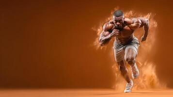 Muscular athlete sprinting against a dramatic orange background in a high-intensity workout session photo