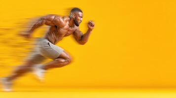 Strong athlete sprinting against a vibrant yellow background while showcasing agility and speed during a dynamic workout session photo