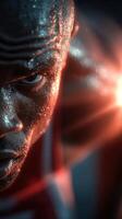 Intense close-up of an athlete displaying determination and focus during training at dusk in a gym environment photo