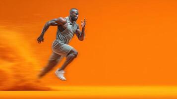 Professional athlete sprinting at high speed against a vibrant orange background showcasing dynamic movement and energy photo