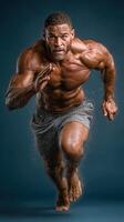 Muscular athlete sprints forward with determination in a focused workout session indoors photo