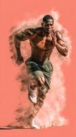 Dynamic runner in motion creating dust cloud on minimalistic background during daytime workout session photo