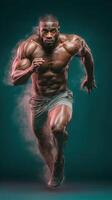 Muscular athlete sprinting in a dynamic pose with dramatic lighting and dust effect photo