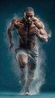Muscular athlete sprints forward, showcasing speed and power during an intense training session in a dramatic backdrop photo