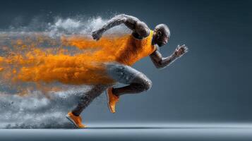 Dynamic runner in orange attire bursts through clouds of dust showcasing speed and power in a modern artistic representation photo