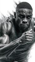 Muscular athlete sprinting forward with intense focus and determination during a dynamic training session photo