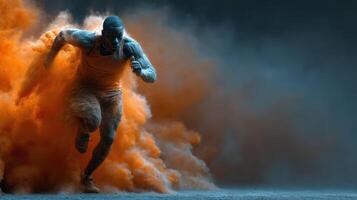 Dynamic runner bursts through orange smoke in an energetic competition environment during late afternoon photo