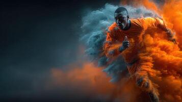 Runner sprints through vibrant colored clouds during a dynamic athletic competition in a darkened atmosphere photo