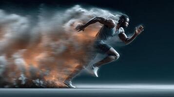 Athlete sprinting on track with dynamic dust swirl in an intense running action photo