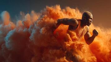 Runner bursts through a cloud of orange dust during a dynamic sprint in a dramatic setting at sunset photo