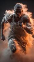 Runner in motion creating a dramatic cloud of dust during a high-intensity workout session in a darkened gym photo