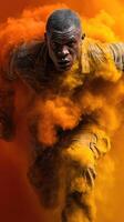 Soldier sprinting through colored smoke in a military training exercise setting photo