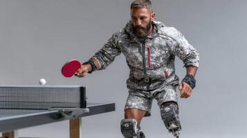 Passionate athlete plays table tennis with prosthetic legs in a dynamic indoor setting photo
