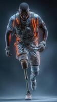 Soldier with prosthetic leg runs vigorously in a modern, dramatic setting showcasing resilience and strength photo