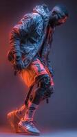 Athlete performing dynamic movement in urban setting with futuristic gear at night photo
