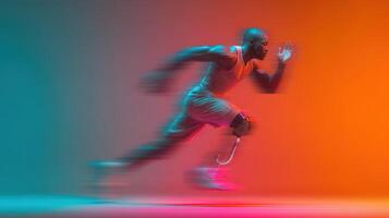 Athlete with a prosthetic leg sprinting on a vibrant gradient background during a dynamic sports session photo