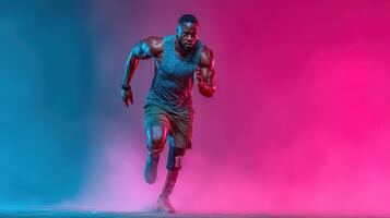 Muscular athlete running vigorously in a dynamic environment with colorful lighting effects photo
