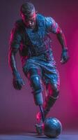 Soldier with prosthetic leg skillfully dribbling soccer ball during a dynamic portrait session in a neon-lit studio photo
