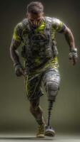 Inspiring athlete with prosthetic limb sprinting during training session in urban setting photo
