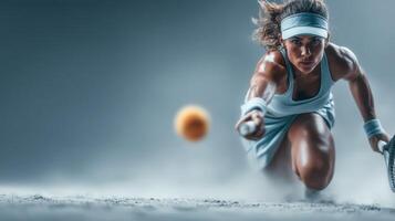 Female athlete competes in a dynamic tennis match during a night game in a professional sports arena photo