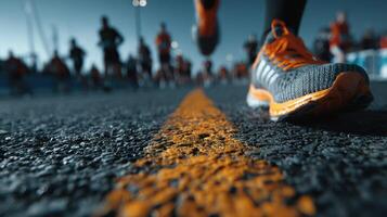 Runners sprinting down a vibrant road during a competitive race event in the early morning photo