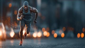 Muscular man sprinting on wet city street during evening with blurred lights in the background photo